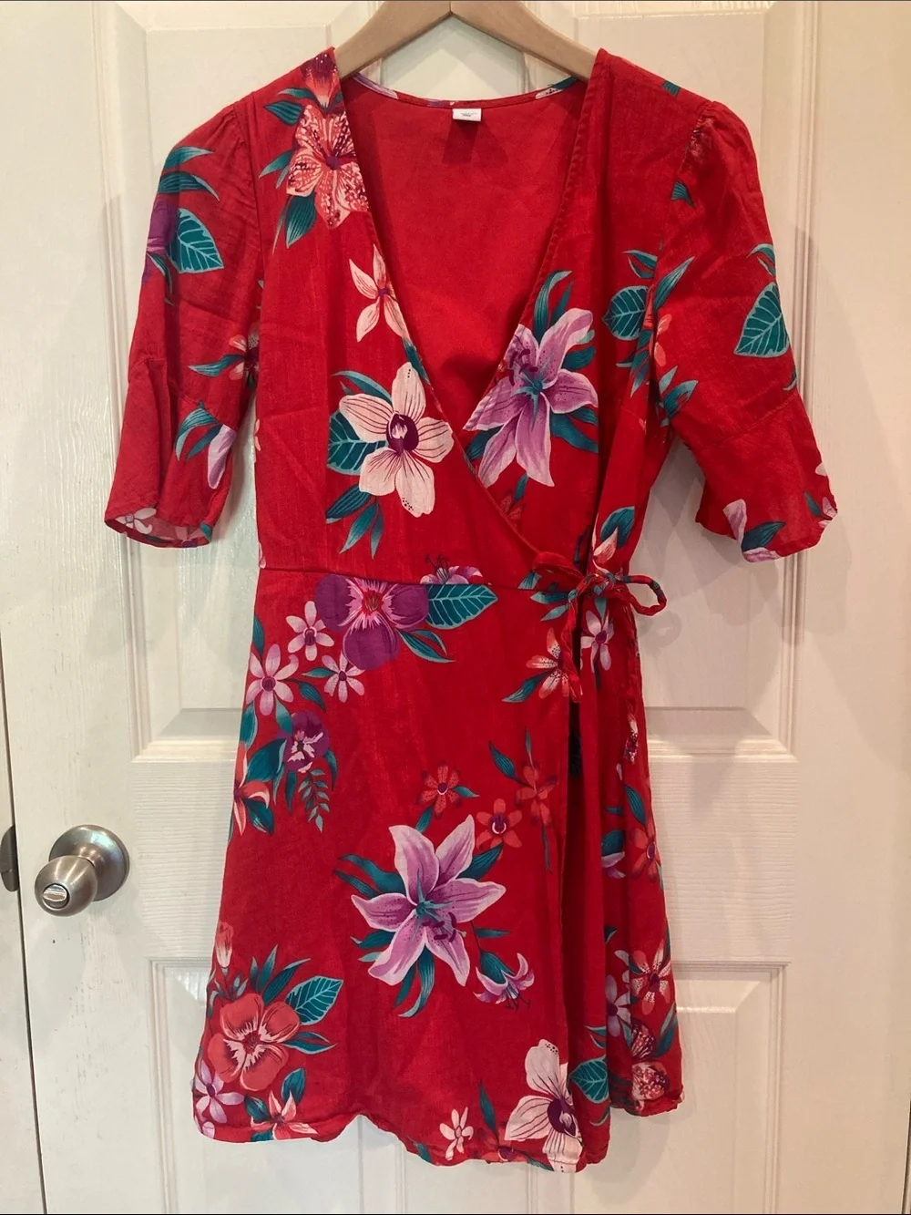 old navy red dress with flowers Old Navy Dress Womens M Tall Red Floral Maxi Fit & Flare Long Rayon Square  Neck